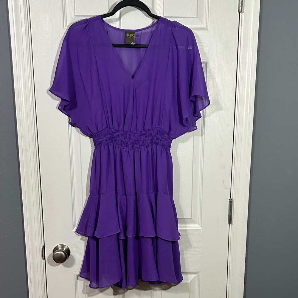 Taylor Purple V-Neck flutter sleeves Smocked waist RuffleDress. Size 8